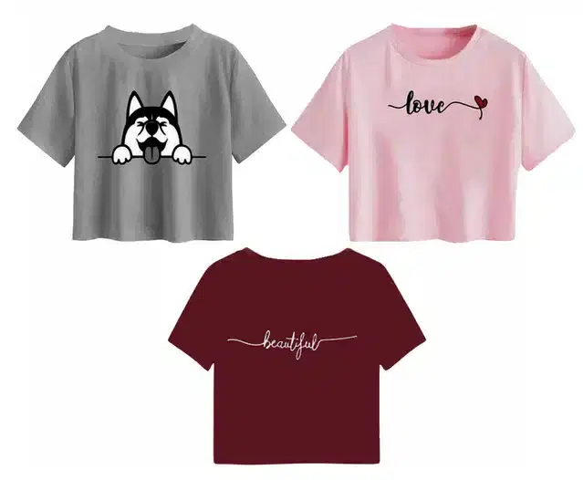 Cotton Printed Crop Tops for Girls, Pack of 3 (Multicolor, 13-14 Years)