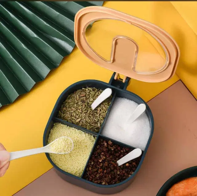 Plastic 4 Section Spice Container with Lid & Spoons, Multicolor