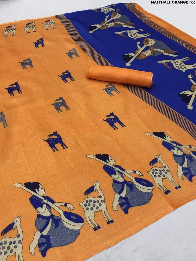 Printed Kalamkari Assam Art Silk Saree with Blouse for Women (Orange, Free Size)