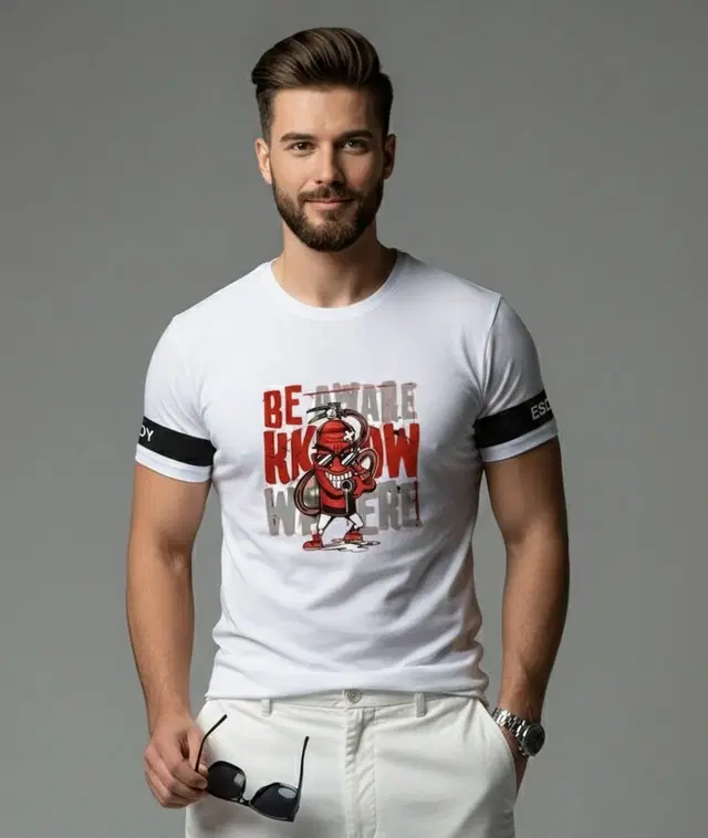 Polyester Printed T-shirt for Men, White (M)
