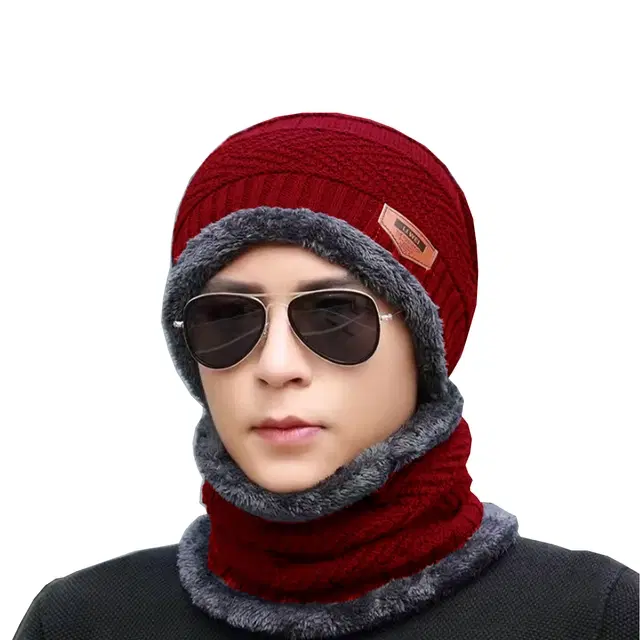 Woolen Cap with Neck Warmer for Men & Women, Set of 1 (Maroon)