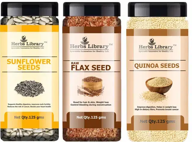 Herbs Library Sunflower Seeds, Raw Flax Seeds and Quinoa Seeds, Pack of 3, 125 g