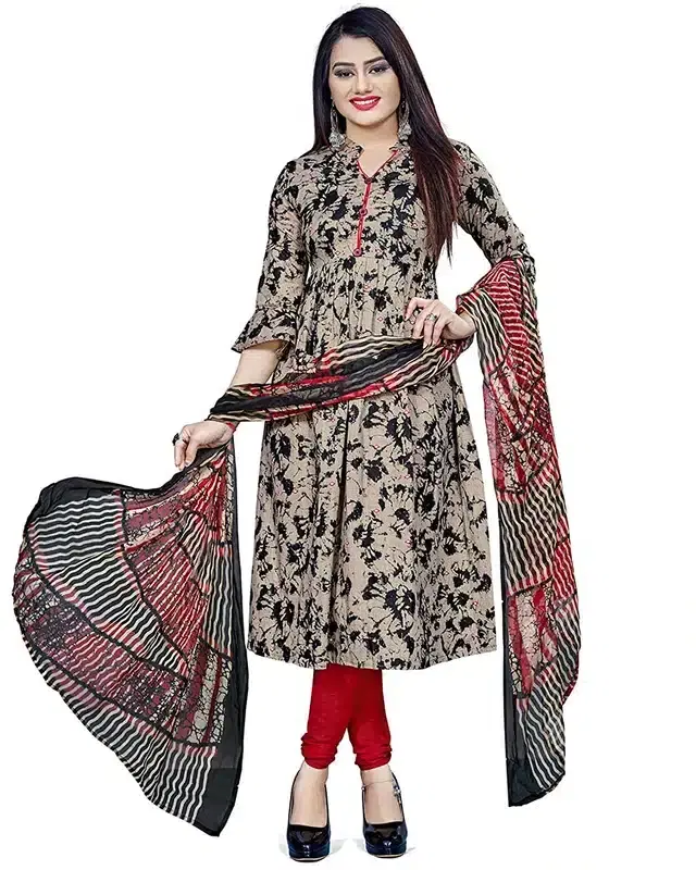 Cotton Blend Printed Unstitched Suit with Dupatta for Women, Beige