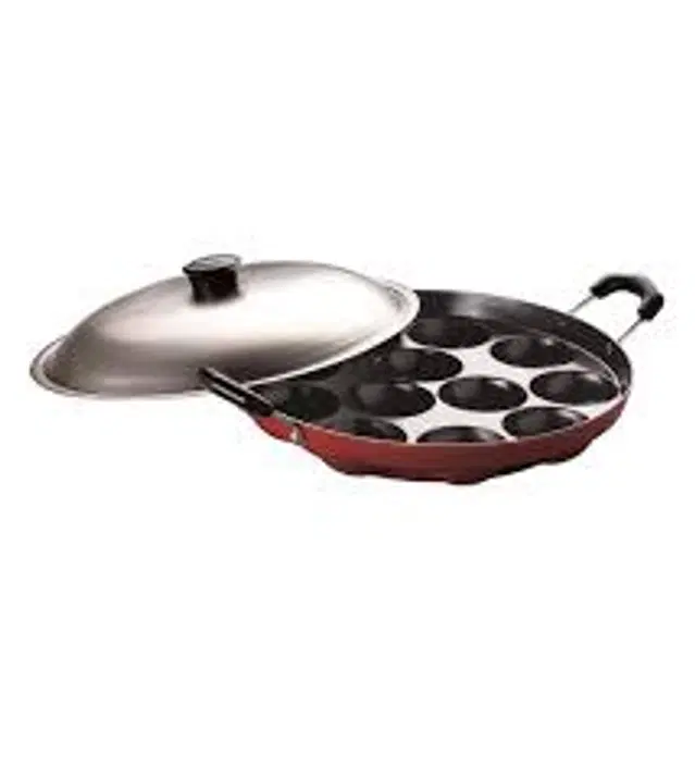 ZODEX 12 Cavities Non Stick Appam Patra with Lid and Side Handle, Multicolor, 21 cm