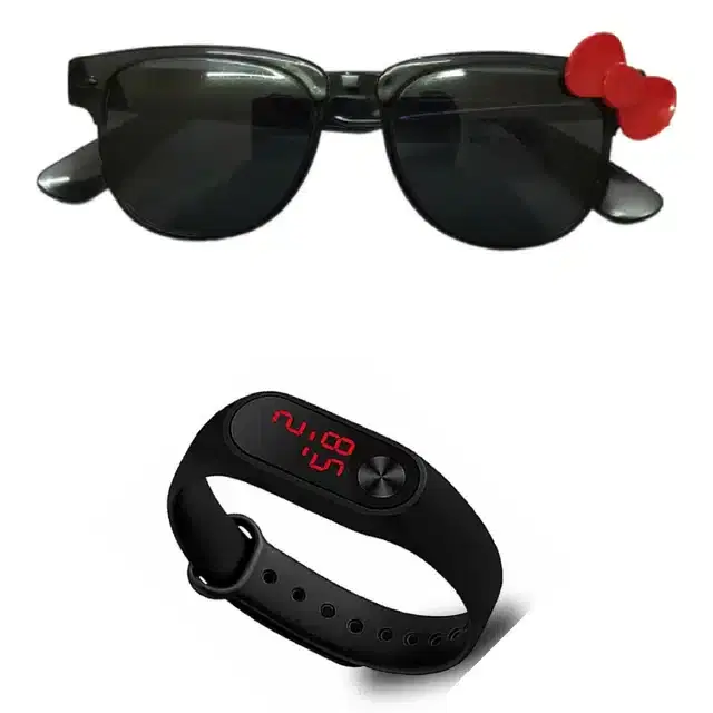 UV Protected Sunglass with Digital Watch for Boys & Girls, Set of 2 (Black)