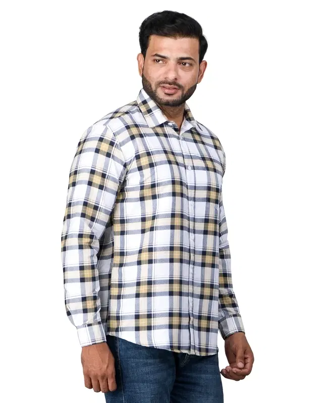 Poly Cotton Full Sleeves Chequered Shirt for Men, Yellow (XXL)