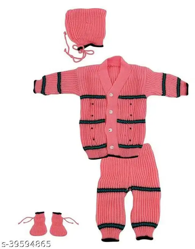 Woolen Striped Sweater with Pyjama & Cap with Socks for Kids (Peach, 0-6 Months)