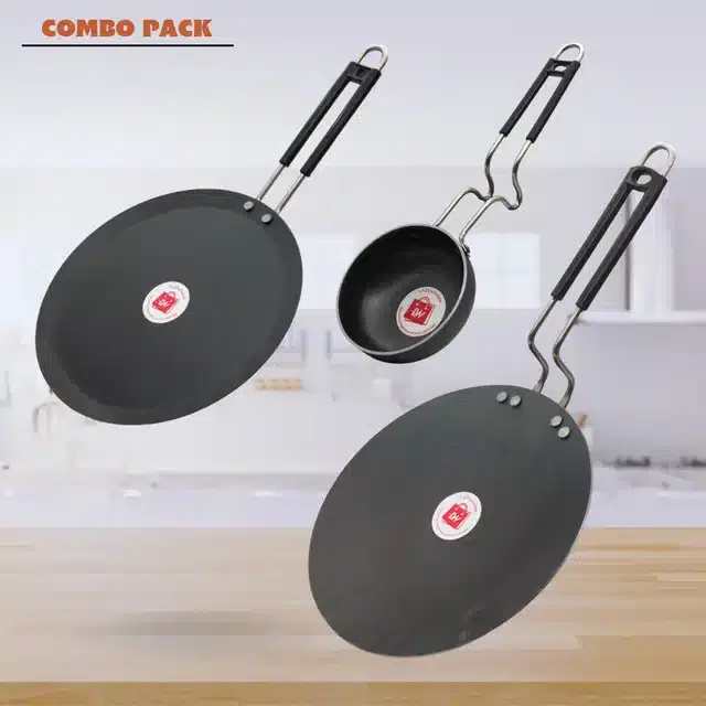 Frying Pan & Tawa Set, Pack of 3, Black, 200 ml