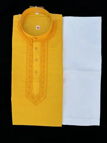 Cotton Full Sleeves Embroidered Kurta Set for Men (Yellow & White, XXL)