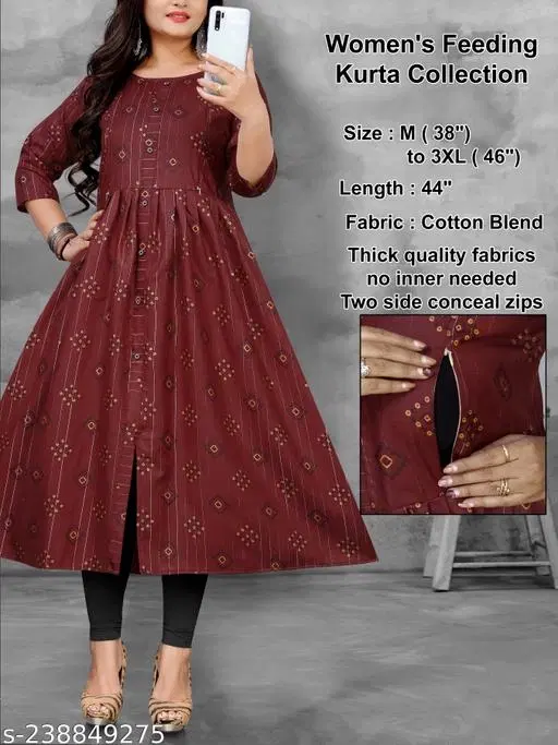 Ethnic Motif Printed Maternity Kurti Set (Maroon, XXL)