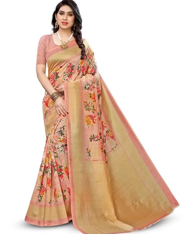 Art Silk Floral Print Saree for Women, Pink