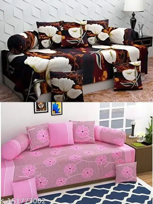 Polycotton Diwan Cover Set, Brown & Pink, Combo of 2