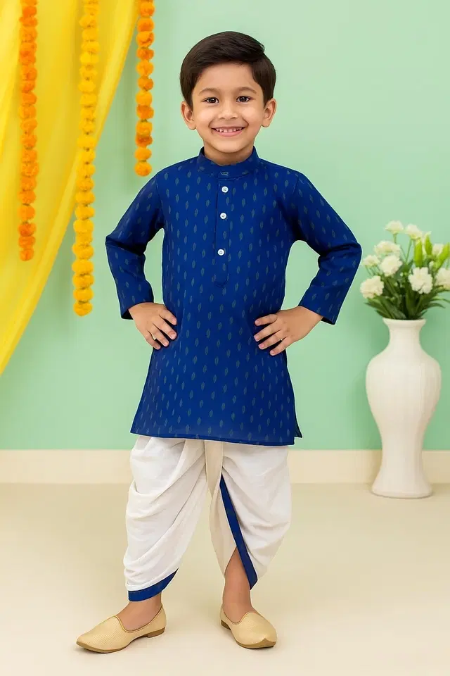 Cotton Blend Printed Kurta & Paints Set for Boys , Dark Blue (2-3 Years)