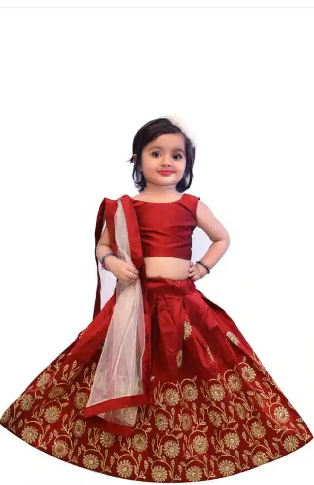 Silk Embroidered Semi Stitched Lehenga for Kids (Red, 6-7 Years)