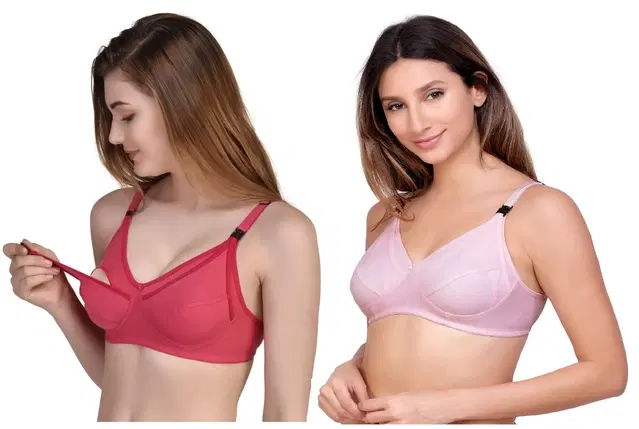 Cotton Blend Solid Non Padded Feeding Bras for Women, Pack of 2 (Multicolor, 32)