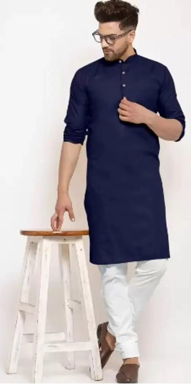 Full Sleeves Solid Kurta with Payjama for Men (Navy Blue, S)