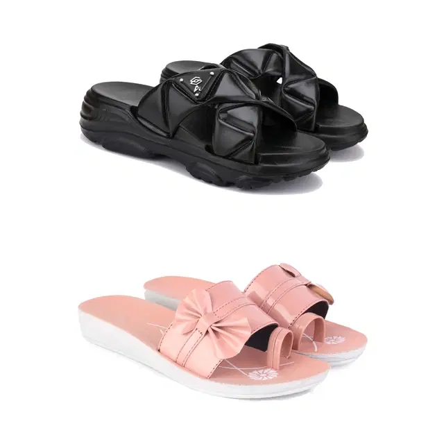 Combo of Sliders & Flats for Women, Set of 2 (Multicolor, 6)