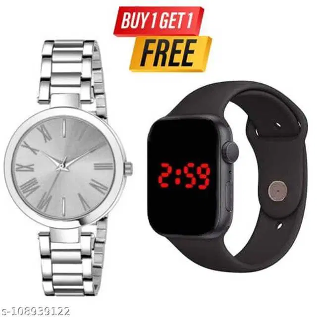 Royal Enterprise Unisex LED Watches, Pack of 2 (Black & Silver) (RE-116)