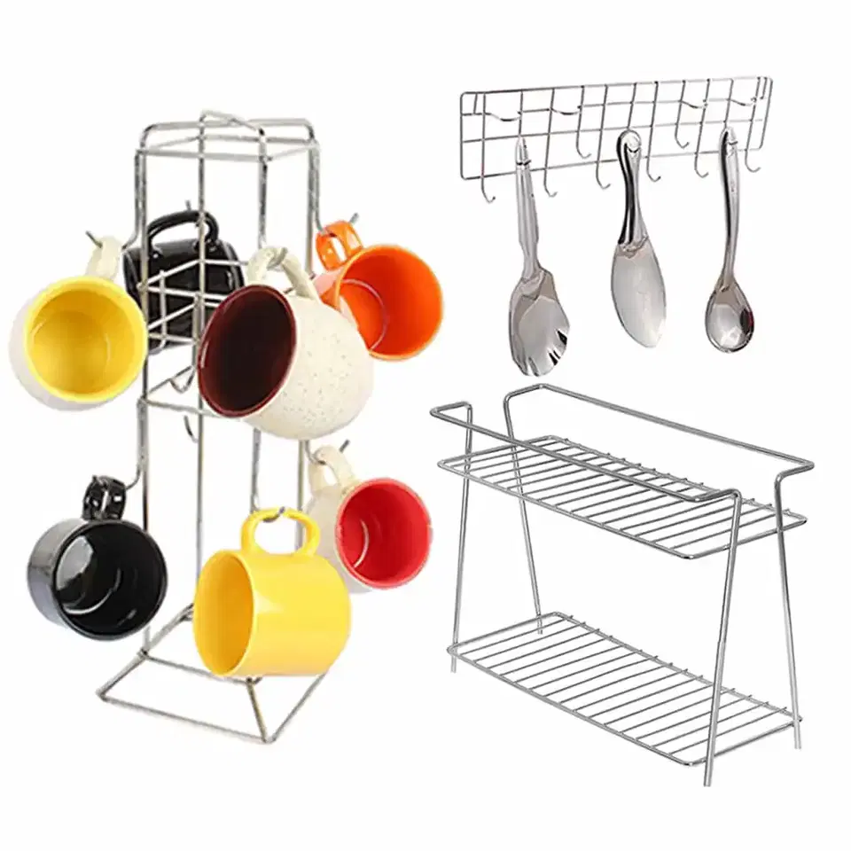 Oc9 Stainless Steel Spice Rack 2 Shelf & Cup Stand & Wall Mounted Ladle Hook Rail For Kitchen
