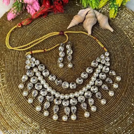 Three Layer Kundan Beaded Chokar Necklace Set, White