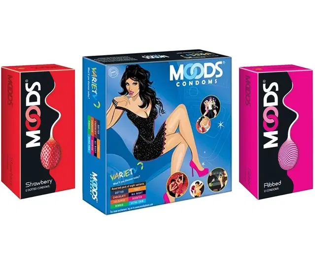 Moods Strawberry with Ribbed, 2x12 Pcs & Variety, 16 Pcs Dotted Condoms for Men, Set of 3