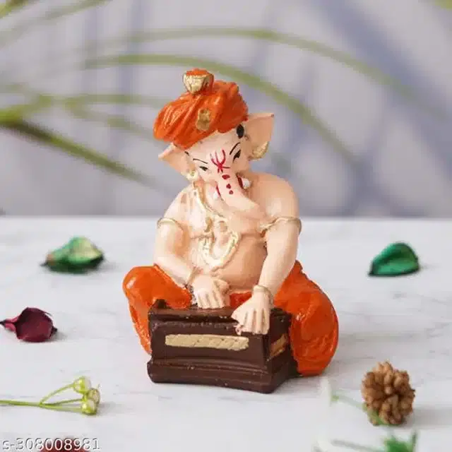 Resin God Ganesha Idol, Orange & Beige