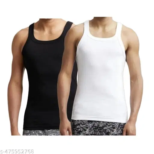 Cotton Solid Vest for Men, Black & White, Pack of 2 (M)