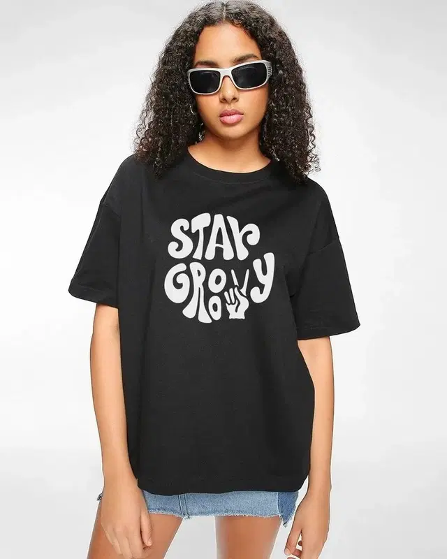 Round Neck Printed T-Shirt for Women, Black (M)