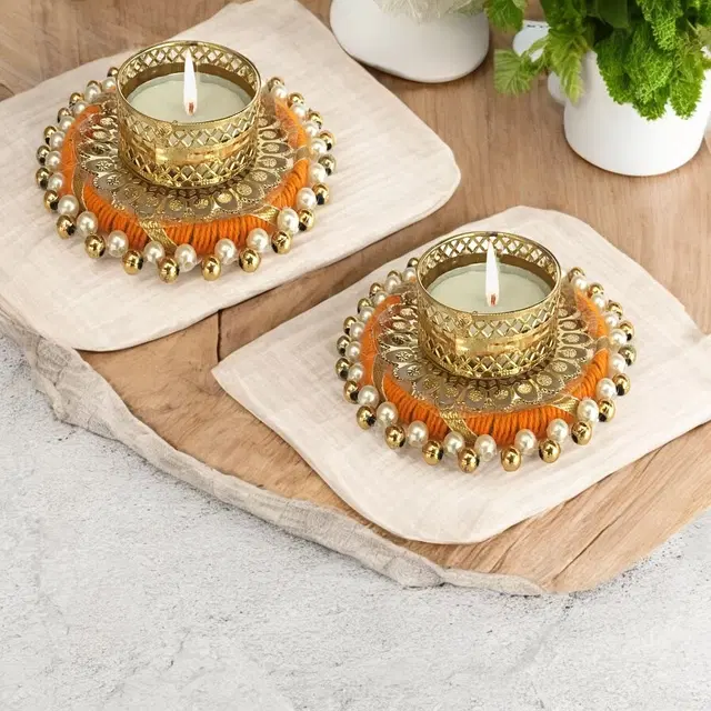 Metal Designer Tealight Candle Holder, Orange, 9x9x2.5 cm, Pack of 2