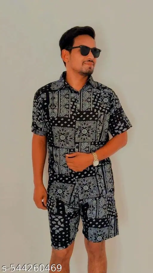 Rayon Printed Top & Bottom Set for Men, Black (M)