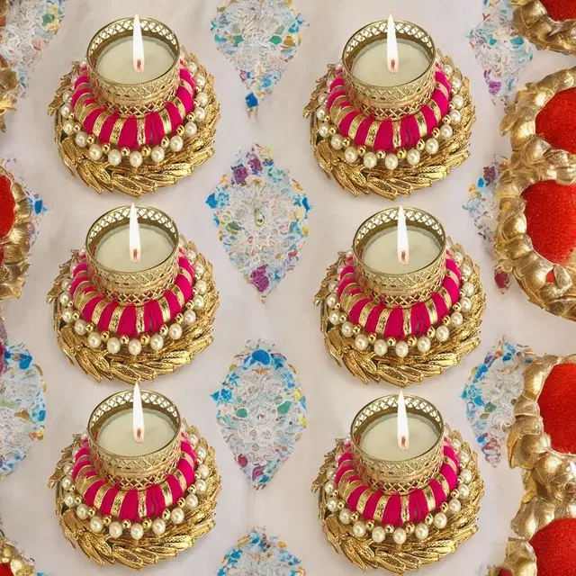 Metal Designer Tealight Candle Holder, Pink, 8.5x8.5x3.5 cm, Pack of 6