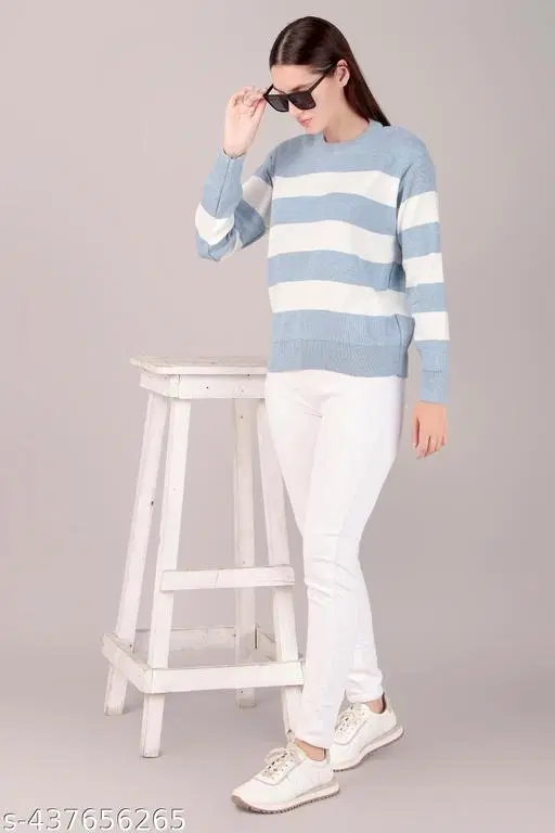 Acrylic Sweater for Women (Blue & White, M)