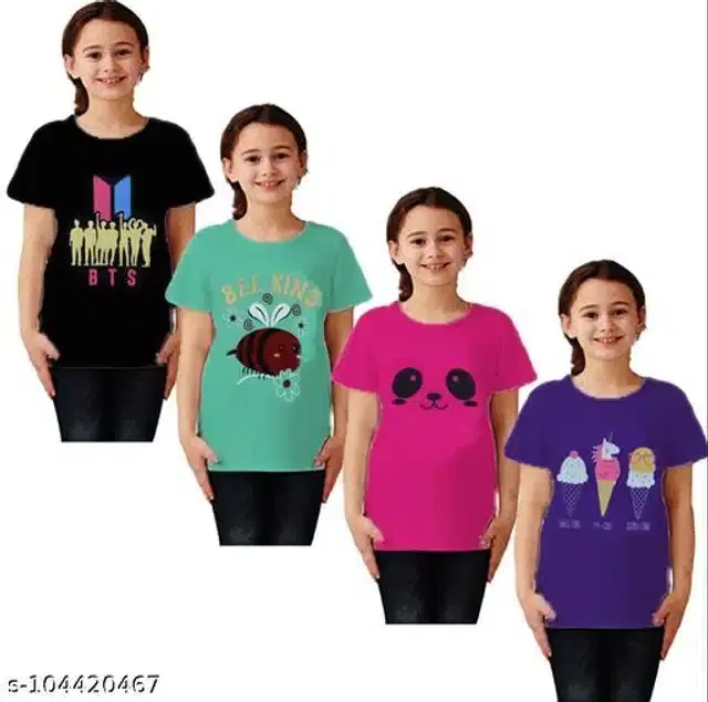 Cotton Half Sleeves T-Shirt for Girls, Pack of 4 (Multicolor, 11-12 Years)