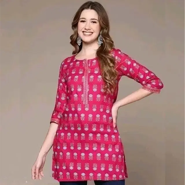 Rayon Block Print Short Kurti for Women, Pink (S)