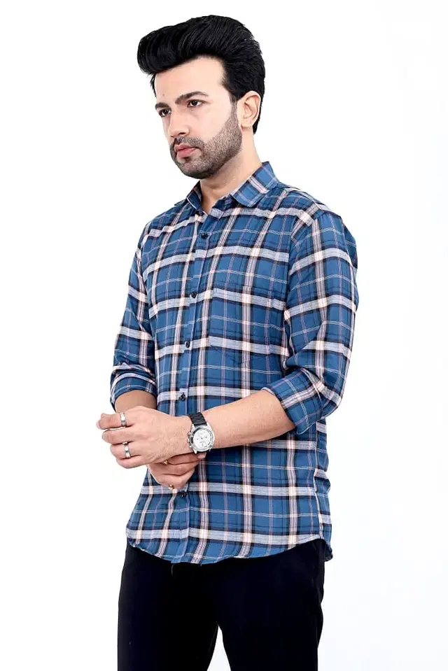 Cotton Blend Checked Shirt for Men, Navy Blue (M)