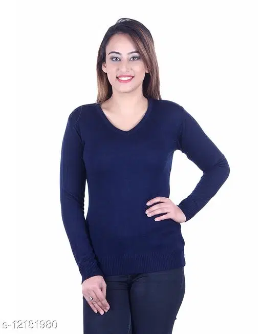 Acrylic Solid Sweater for Women (Navy Blue, M)