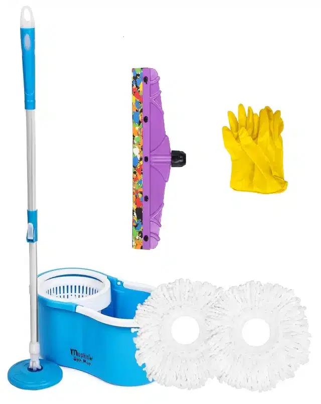 PVC Magic Spin Bucket Mop with 2 Refill & Cleaning Accessories Set, Blue, Set of 3