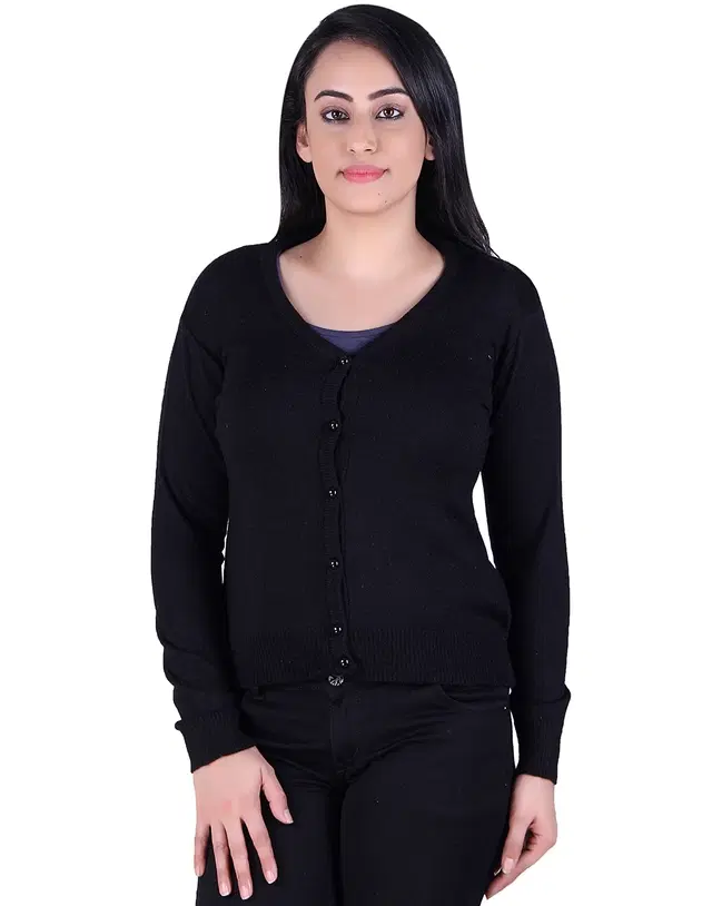 V Neck Solid Cardigans for Women (Black, L)