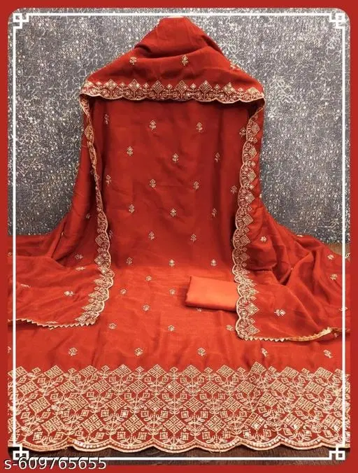 Lucknowi Embroidered Vichitra Silk Unstitched Dress Material (Orange, 6.65 meter (XXL)