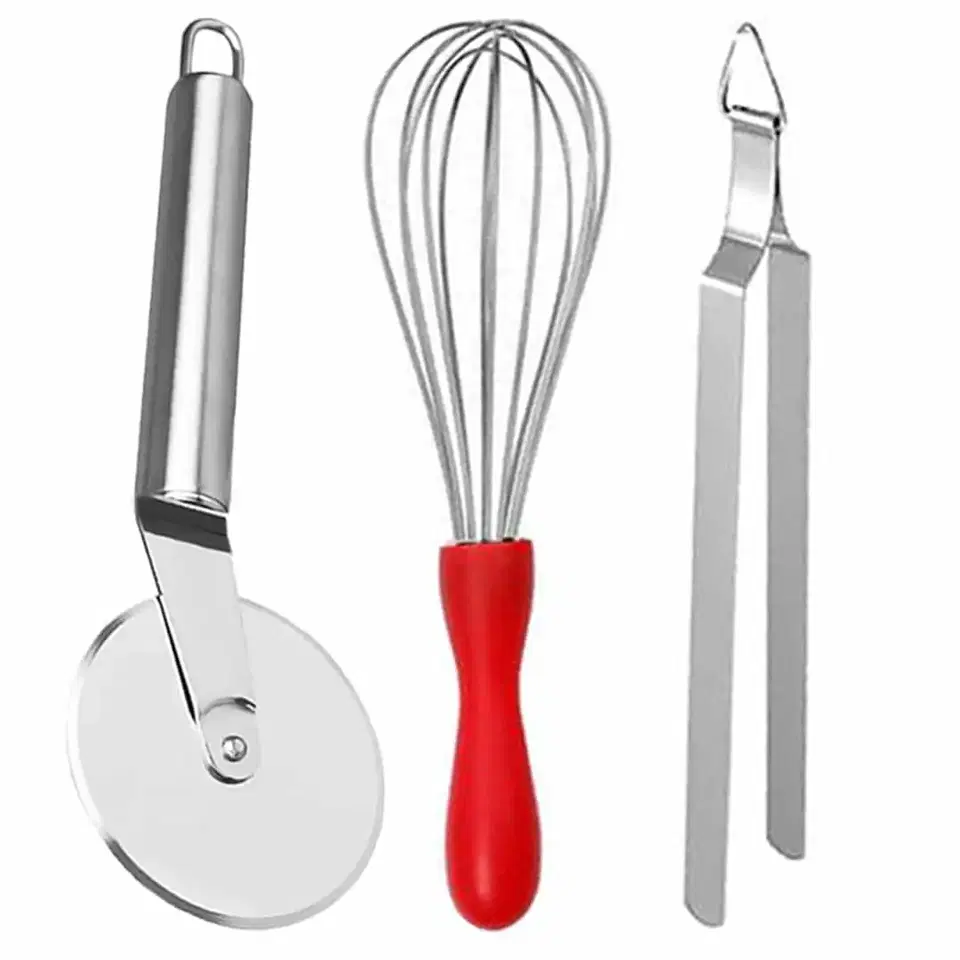 Oc9 Stainless Steel Egg Whisk & Pizza Cutter & Chimta For Kitchen Tool Set