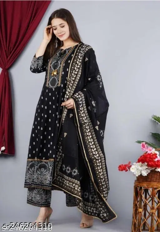 Rayon Printed Anarkali Kurti with Pant & Dupatta Set for Women, Black (S)