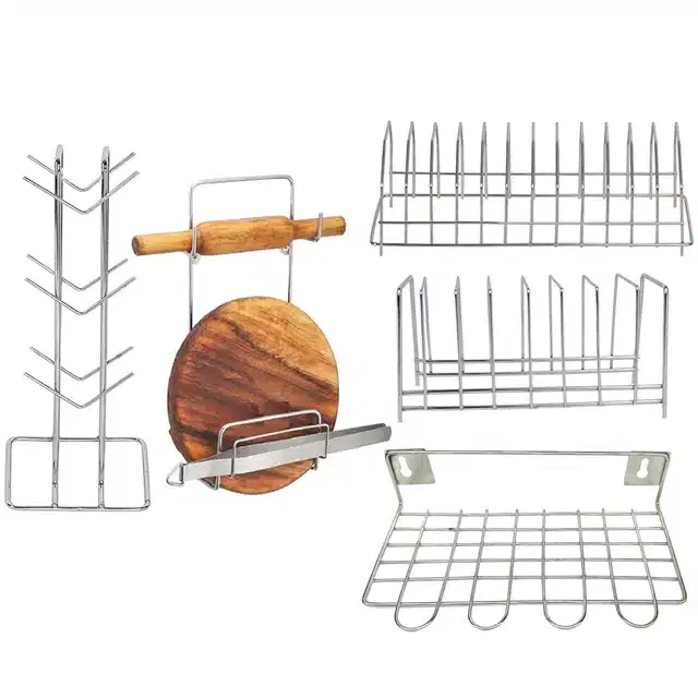 Stainless Steel Cup Stand & Plate Stand with Utensil Holder & Chakla Belan Stand, Set of 5, Silver