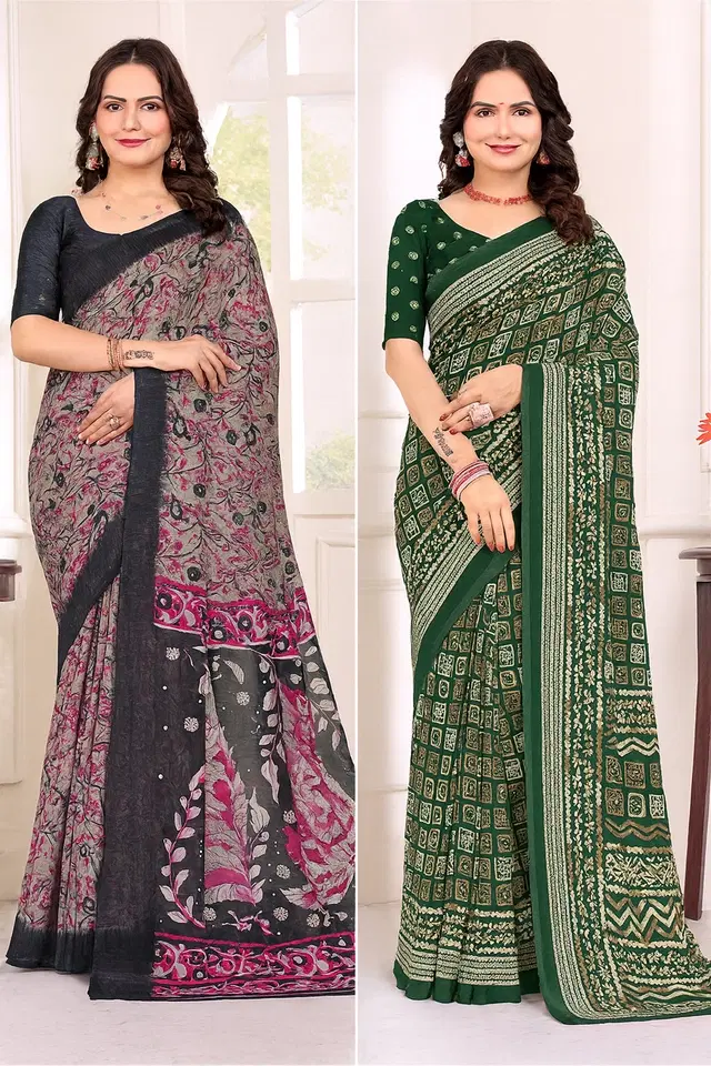 Georgette Printed Saree for Women, Multicolor, Pack of 2 (6.3 m)