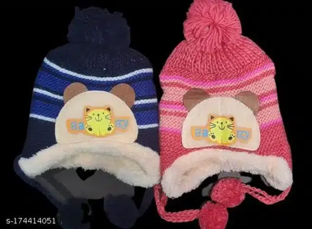 Woolen Winter Cap for Kids, Pack of 2 (Pink & Blue, 4-5 Years)