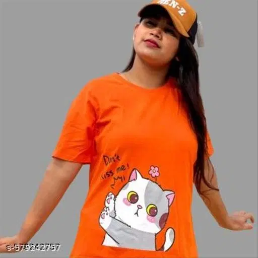 Cotton Blend Printed T-Shirt for Women, Orange (XS)
