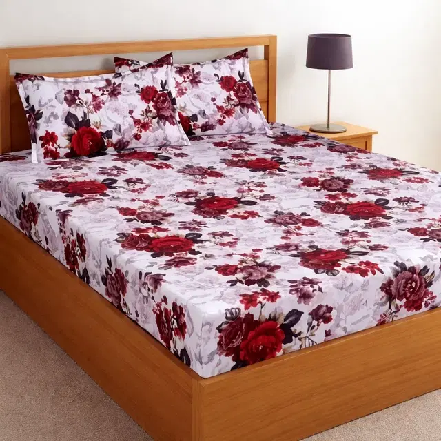 Glace Cotton White Rose Double Bedsheet, Multicolour (88x90 inch)