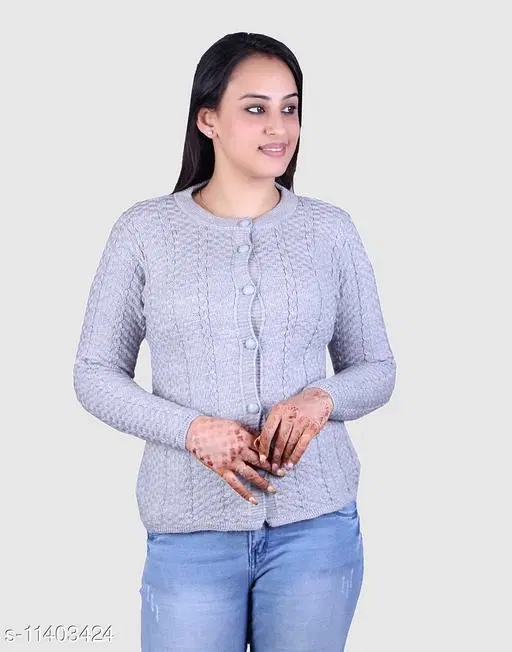 Acrylic Solid Sweater for Women (Grey, M)