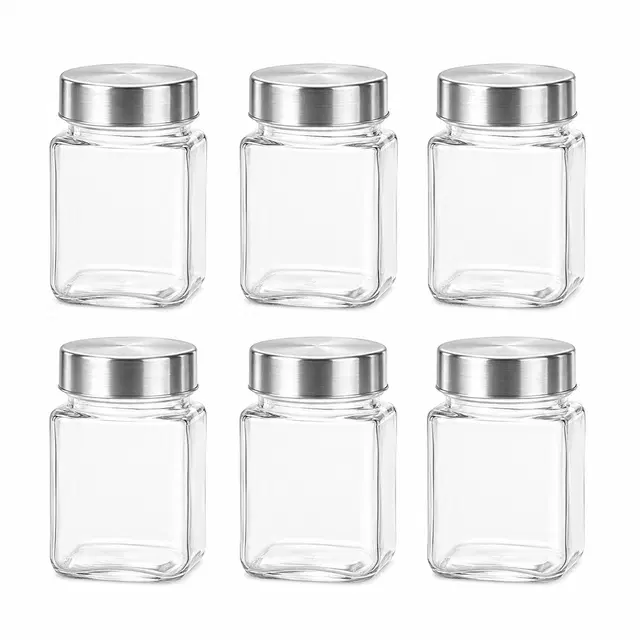 Afast Clear glass cubic jar with steel cap 500ml (Pack of 6 )