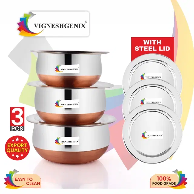 Stainless Steel Copper Bottom Handi Pot Set with Lid, Silver & Beige, Set of 3