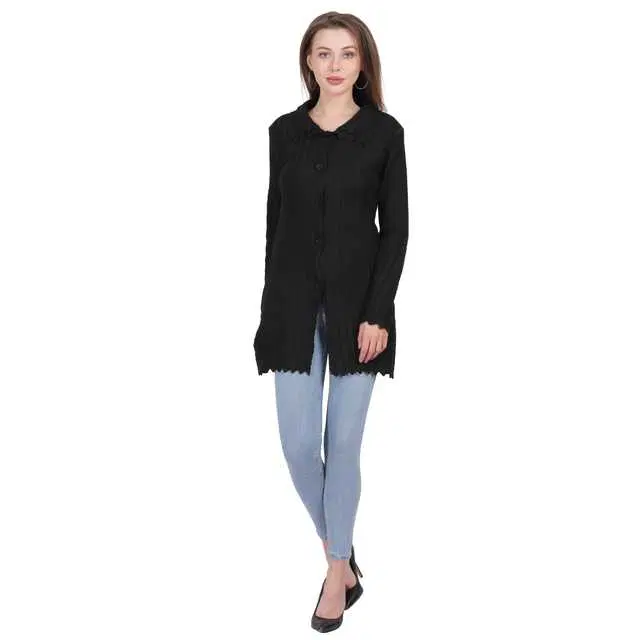 Women's Button Cardigan (Black, L) (AX-4)